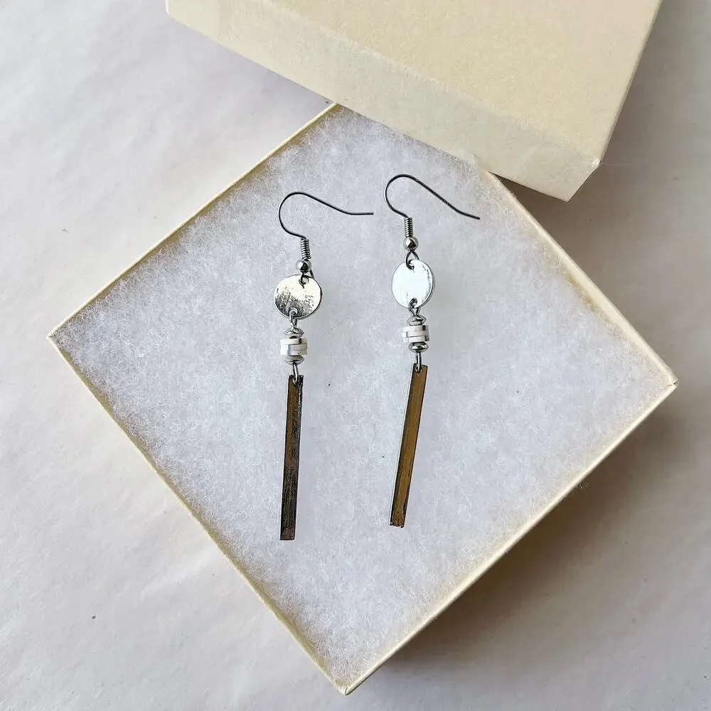 Silver and White Dangly Earrings Handmade Jewelry E1